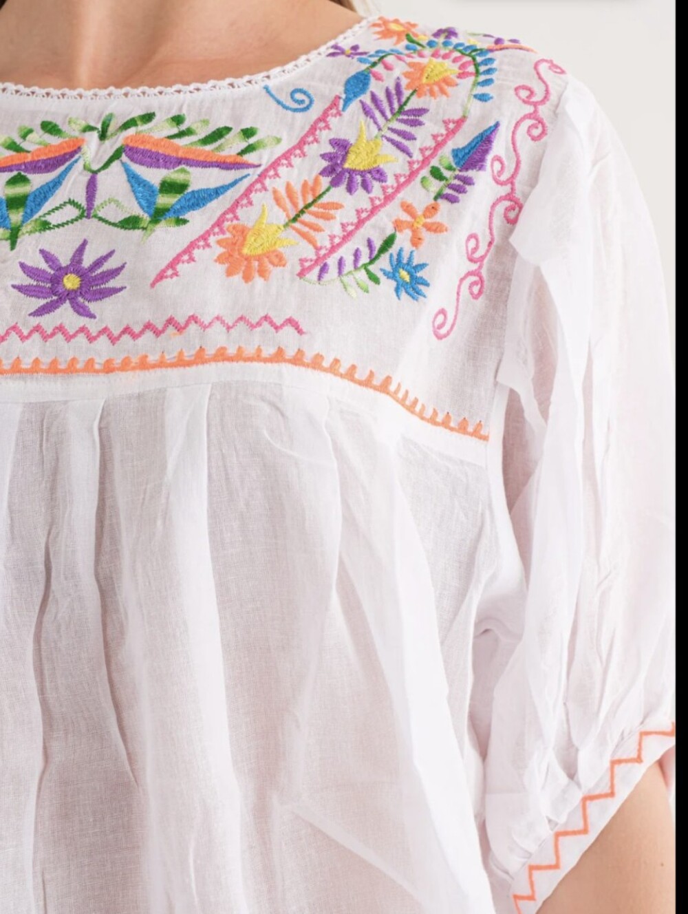 Raj White Cotton Peasant Blouse with Multicolor Floral Embroidery